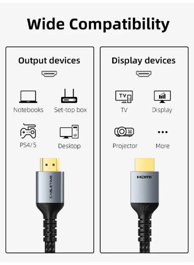 CABLETIME 8K HDMI 2.1 Cable 48Gbps Ultra High Speed Braided Cord, 4K 120Hz 144Hz, eARC HDR10 Dolby Vision, Compatible with PS5, Xbox Series X, Smart TV, Monitor, Projector - Image 3